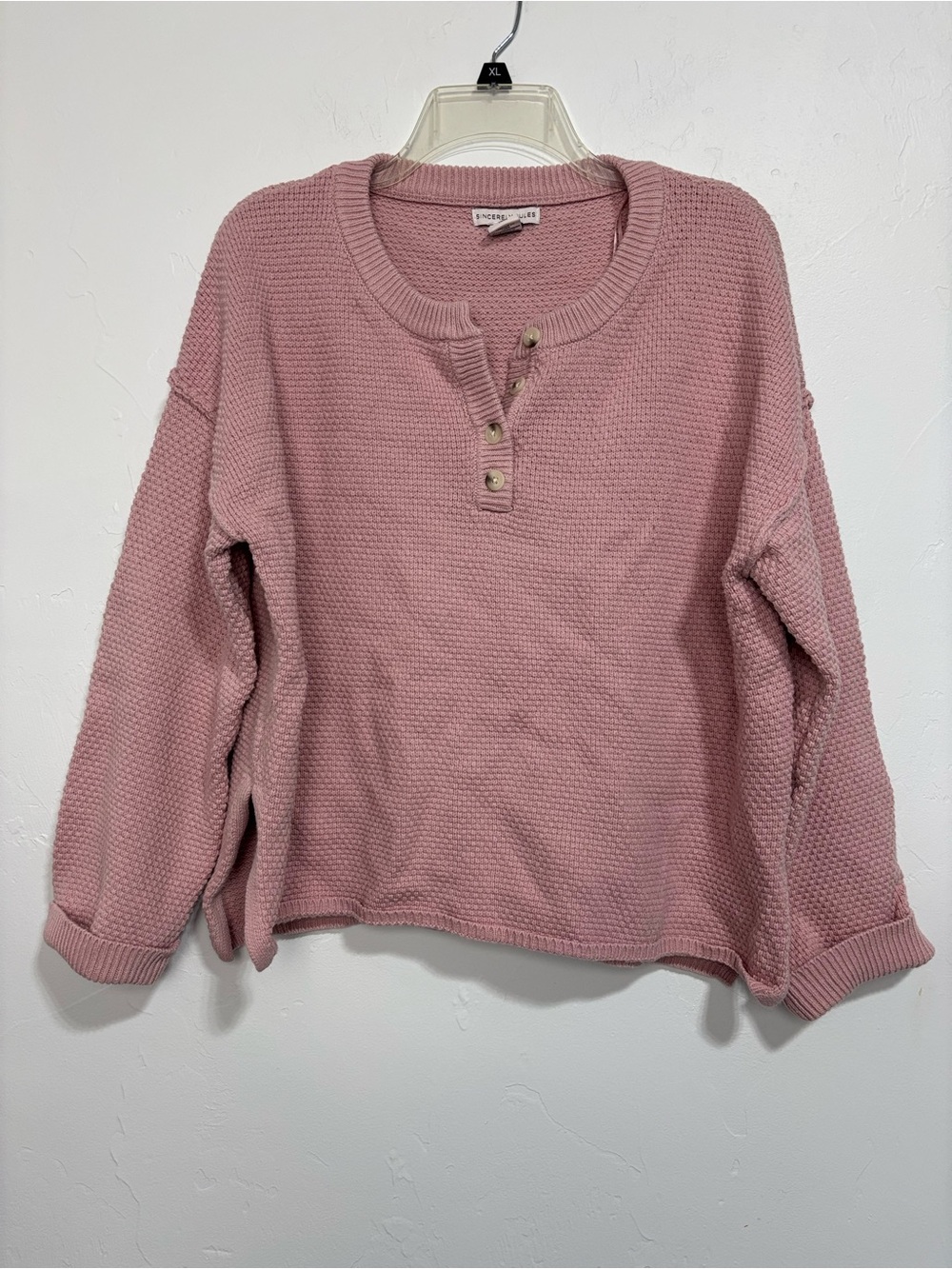 Sincerely Jules Pink Waffle-Knit Henley Button Pullover Sweater Women's Large